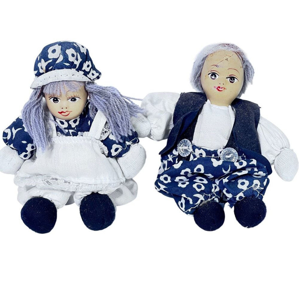 Vtg Amish Boy & Girl Dolls Floral Outfits‎ Composite Faces Shelf Sitters READ